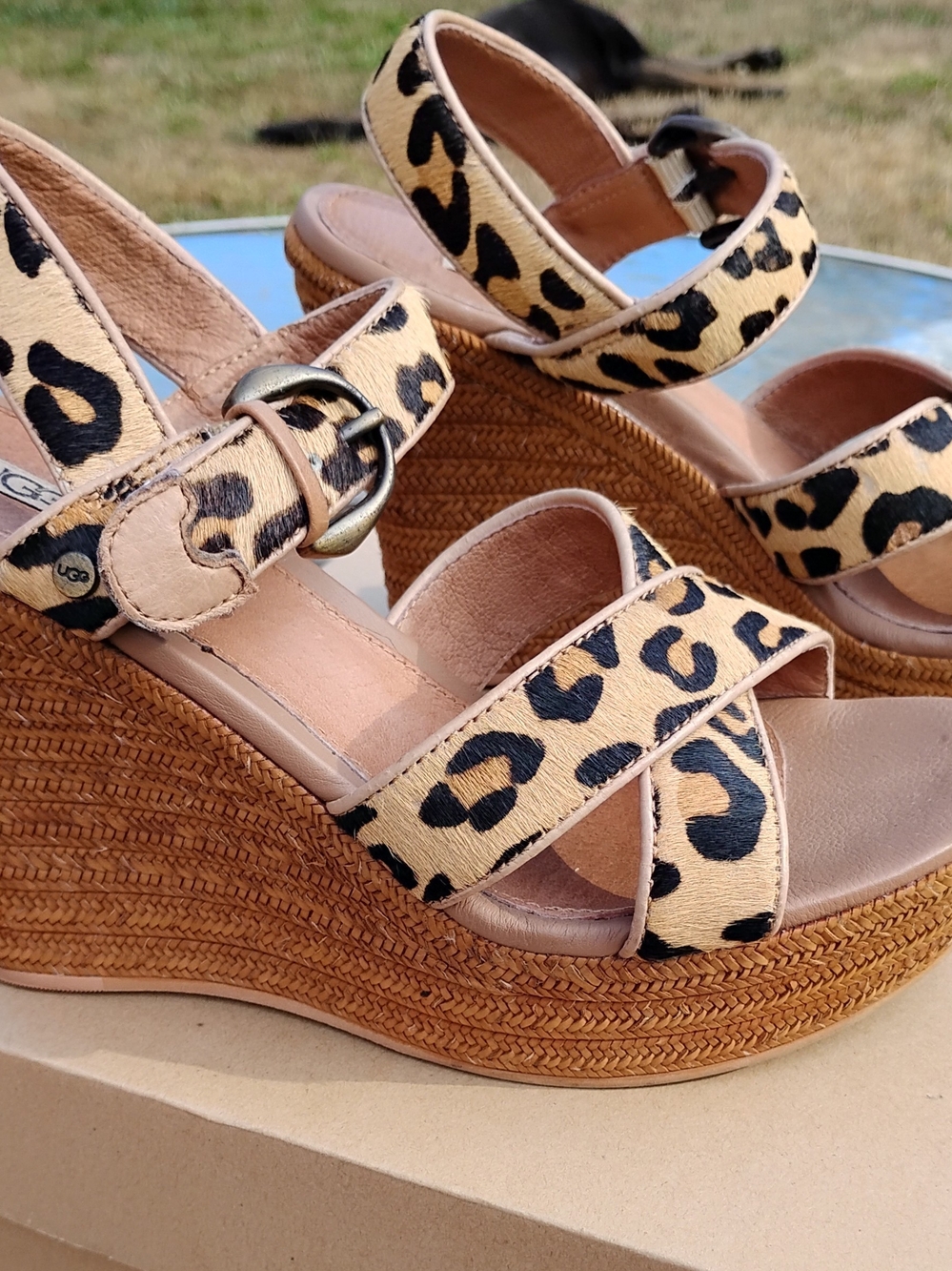 UGG Jasmine Leopard Print Espadrille Wedge Sandals in Tan and Black - Picture 2 of 8